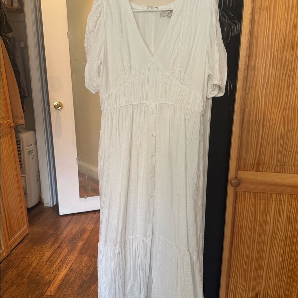 LOFT White V-Neck Button-Front Maxi Dress